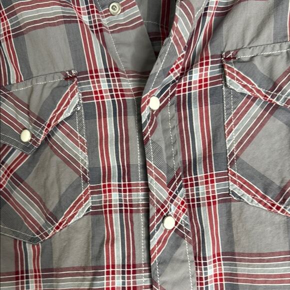 American Eagle Outfitters Red and Gray Plaid Shirt. Western. Pearl snap. Large - Picture 3 of 4
